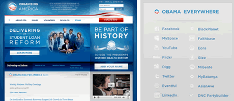 （左）オバマ大統領のウェブサイト　（右）計16のSNSでオバマ大統領の情報が更新されています 
