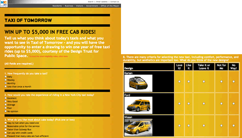 左：Taxi of Tomorrow アンケート　右：各車デザインを5段階評価で投票